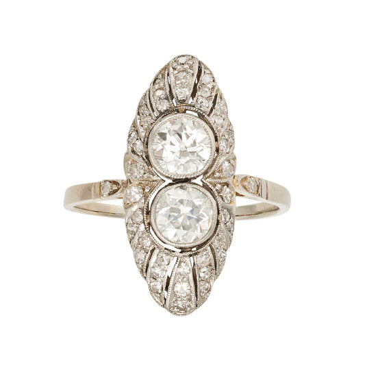 Art Deco 2 Stone Marquise Platinum Ring 18ct White Gold and Platinum