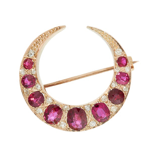 *NEW* Victorian Ruby and Diamond Crescent Moon  Brooch, 18ct Yellow gold