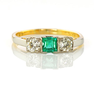 Deco Emerald and Diamond Three stone Ring Yellow Gold