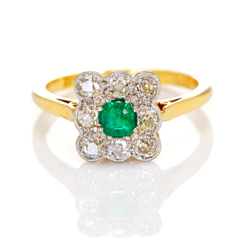 Antique Edwardian Emerald and Diamond Cluster Ring